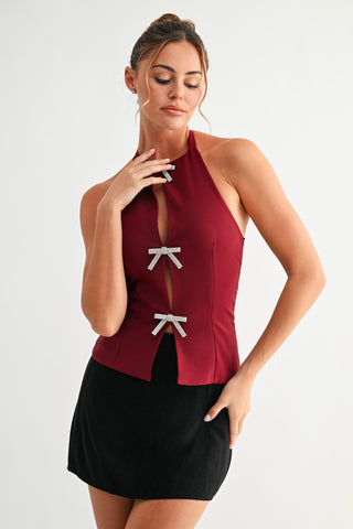 Crystal Bow Halter Top - Cherry