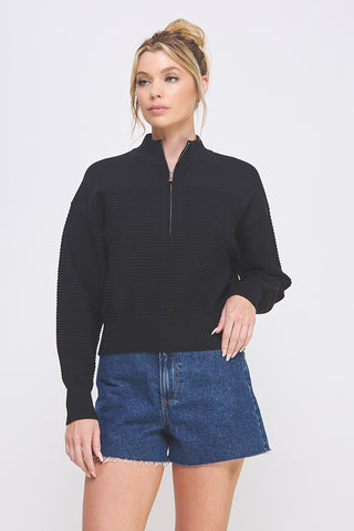 Black Textured Dolman Half-Zip