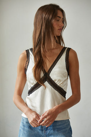 Sweetheart Lace Satin Tank - Cream