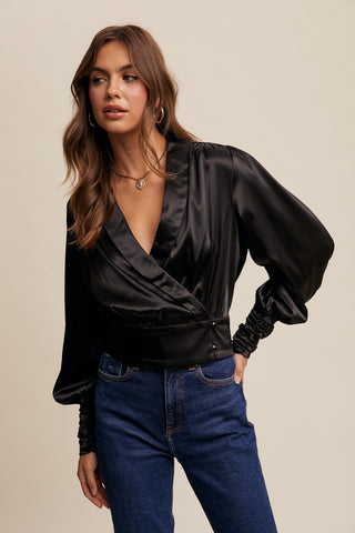 Black Satin Wrap Blouse