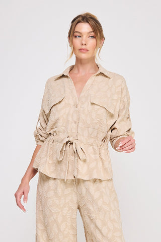 Taupe Jacquard Tie Waist Blouse