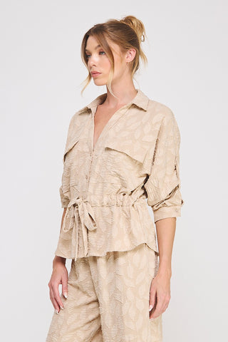 Taupe Jacquard Tie Waist Blouse