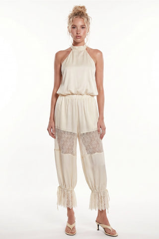 Lace Satin Halter Top & High-Waisted Bubble Pant Set: Cream