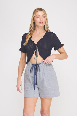 Navy Pointelle Ruffle Sweater