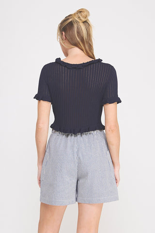 Navy Pointelle Ruffle Sweater