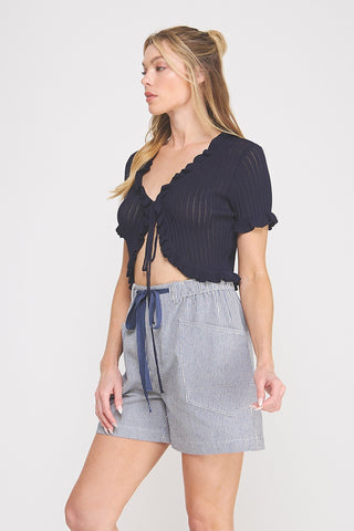 Navy Pointelle Ruffle Sweater
