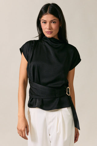Black Mockneck Belted Top