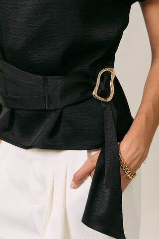 Black Mockneck Belted Top