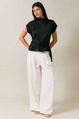 Black Mockneck Belted Top