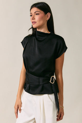 Black Mockneck Belted Top