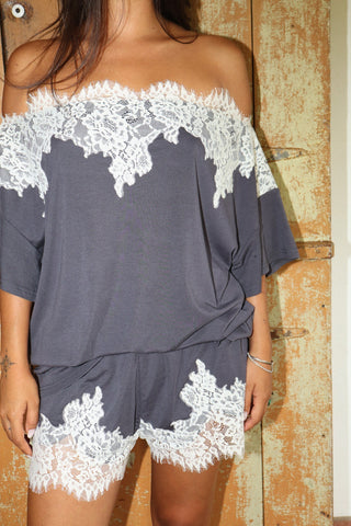 Vintage Navy Lace Off Shoulder Top