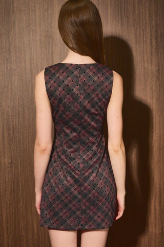 Burgundy Plaid Polka Dot Mini Dress