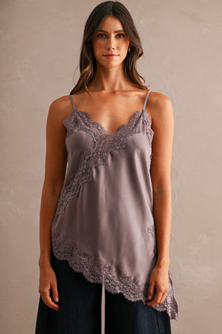 Dusty Lavender Asymmetric Lace Tank