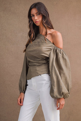 Olive Ruched Asymmetric Top