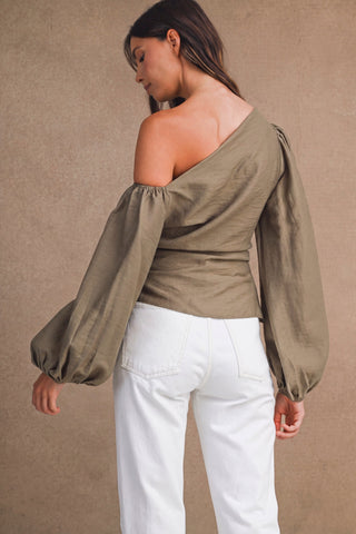 Olive Ruched Asymmetric Top