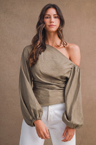 Olive Ruched Asymmetric Top