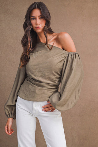 Olive Ruched Asymmetric Top