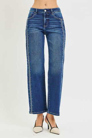 Camille Embroidered Side-Trim Wide Leg Jeans