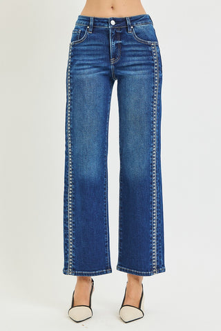 Camille Embroidered Side-Trim Wide Leg Jeans