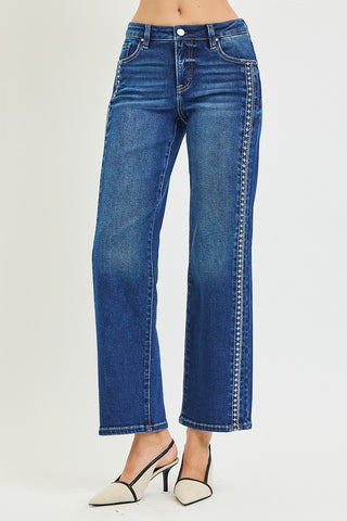 Camille Embroidered Side-Trim Wide Leg Jeans