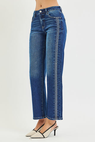 Camille Embroidered Side-Trim Wide Leg Jeans