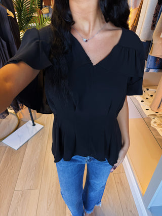 Black Ruffle Short Sleeve Blouse