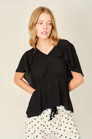 Black Ruffle Short Sleeve Blouse