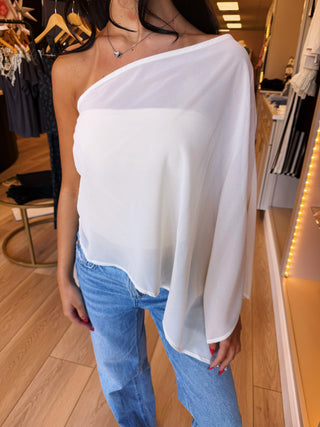 Cream Chiffon Cape One Shoulder Top