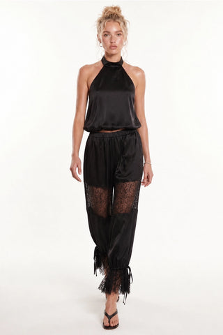 Lace Satin Halter Top & High-Waisted Bubble Pant Set: Black