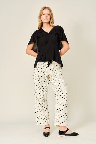 Black Ruffle Short Sleeve Blouse