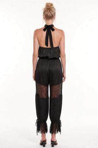 Lace Satin Halter Top & High-Waisted Bubble Pant Set: Black