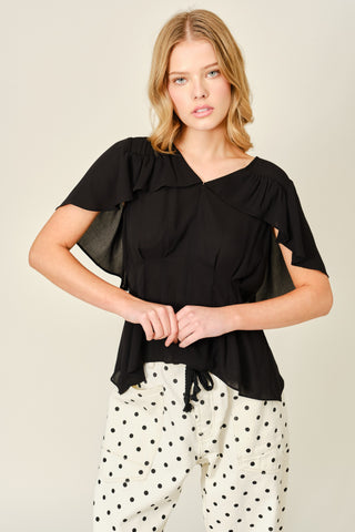 Black Ruffle Short Sleeve Blouse