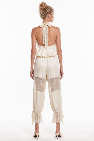 Lace Satin Halter Top & High-Waisted Bubble Pant Set: Cream