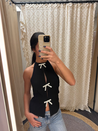 Crystal Bow Halter Top - Black