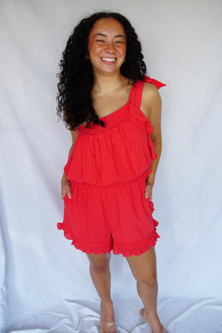 Coral Ruffle Romper