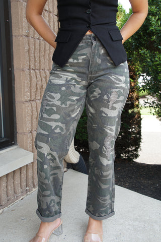 High Rise Camo Boyfriend Jean