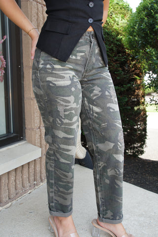 High Rise Camo Boyfriend Jean