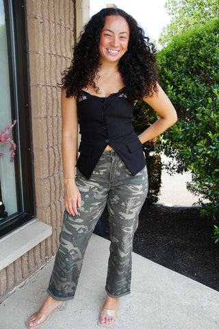 High Rise Camo Boyfriend Jean