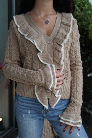 Mocha Ruffled Wool Cardigan