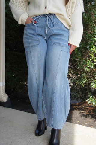 Denim Drawstring Barrel Jean