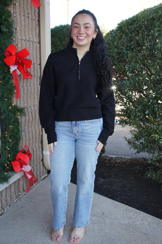 Black Textured Dolman Half-Zip