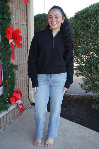 Black Textured Dolman Half-Zip