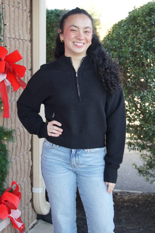 Black Textured Dolman Half-Zip