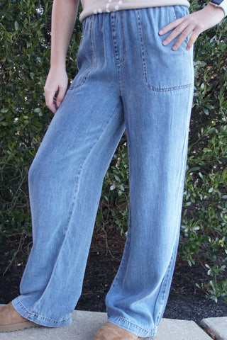 Chambray Elastic Waist Wide Leg Pant