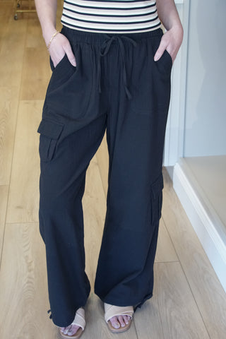 Noir Black Cotton Cargo Pants | Matching Set