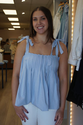 Sky Blue Pleated Shoulder - Tie Blouse