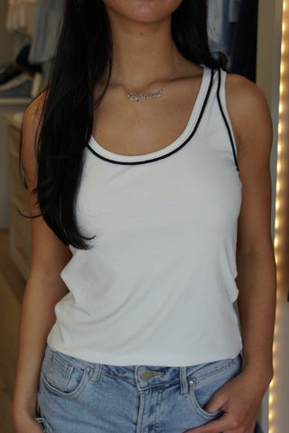 Mia Ribbed Contrast Piping Tank - White