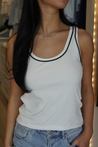 Mia Ribbed Contrast Piping Tank - White