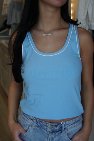 Mia Ribbed Contrast Piping Tank - Lt Blue