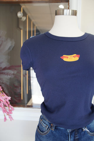 Hotdog Hottie Navy Graphic Baby Tee | Trendy Y2K Summer Top